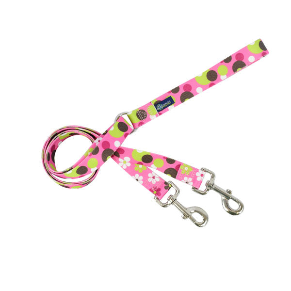 Floral dog leash with white flowers, geometric patterns on pink webbing and silver hardware by Primemarket7. - Earthstyle