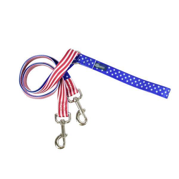 Navy blue dog training leash with star-spangled wave pattern in white and gray and silver hardware by Primemarket7. - Earthstyle