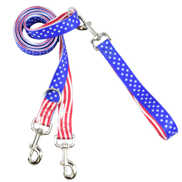 Navy blue dog euro-style leash with star-spangled wave pattern in white and gray and silver hardware by Primemarket7. - Earthstyle
