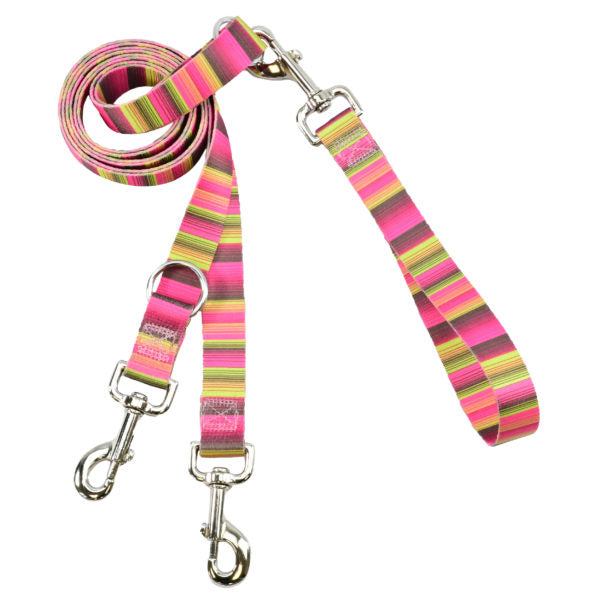 Vibrant pink and green striped pattern euro-style harness leash for dogs with silver hardware by Primemarket7 - Earthstyle