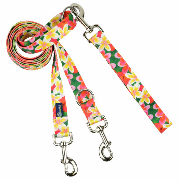 Tropical plumeria floral euro double connection dog leash in pink, yellow, and green by Primemarket7 – vibrant summer accessory - Earthstyle