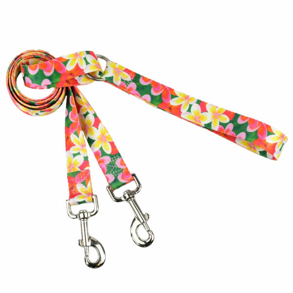 Tropical plumeria floral double connection dog leash in pink, yellow, and green by Primemarket7 – vibrant summer accessory - Earthstyle