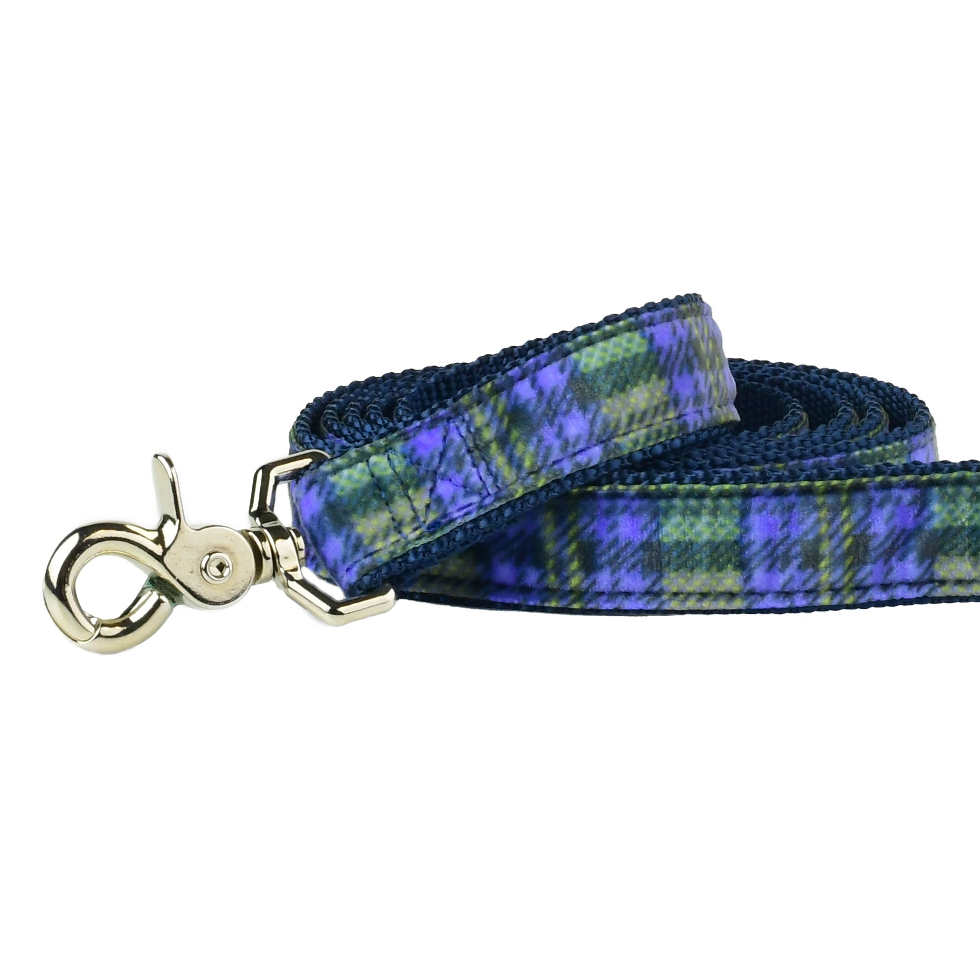 Close-up of blue plaid swiss velvet dog leash with durable silver clasp
