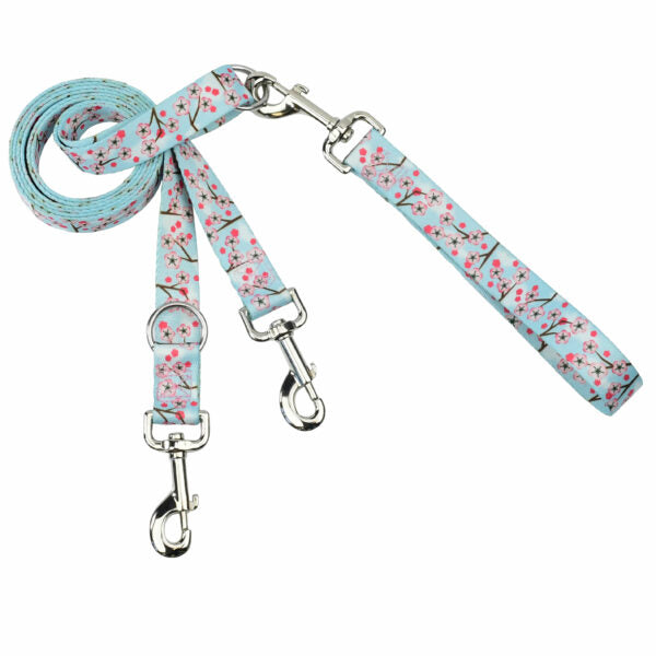 Euro double connection leash with cherry blossom print on light blue background by Primemarket7 - Earthstyle - Earthstyle