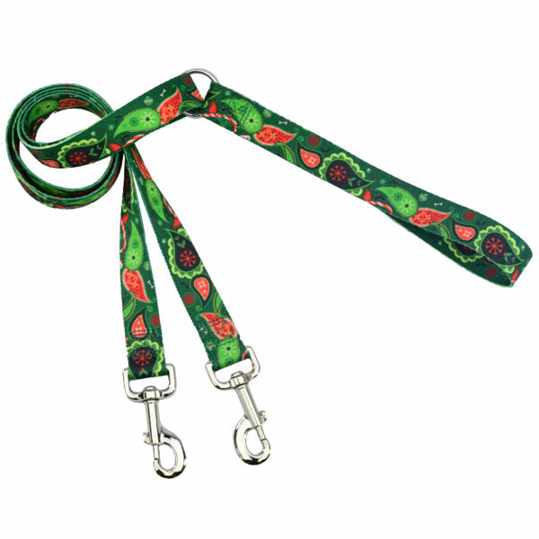Christmas paisley Euro leash with green webbing, festive green, red, and white paisley details, and silver hardware — Primemarket7. - Earthstyle