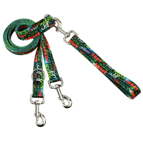Holiday-themed euro double connection dog leash with green background and colorful festive words like “Merry,” “Joy,” and “Bright” – Primemarket7 - Earthstyle