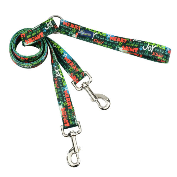 Holiday-themed double connection dog leash with green background and colorful festive words like “Merry,” “Joy,” and “Bright” – Primemarket7 - Earthstyle
