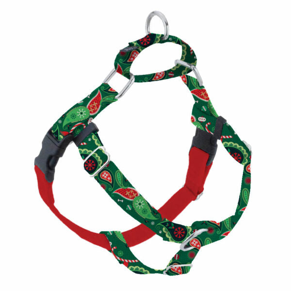 Christmas-themed festive green, red, and white paisley details no-pull freedom dog harness with double leash attachment points by Primemarket7