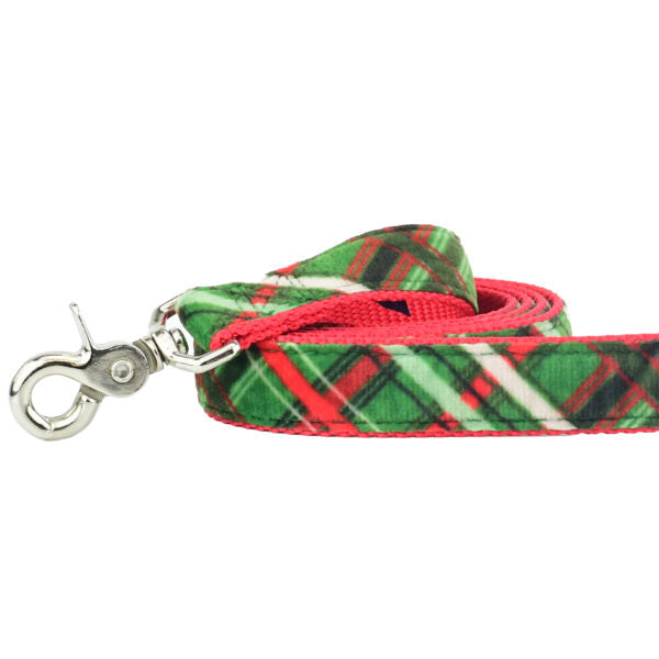 Close-up of green and red plaid velvet dog leash with silver hardware by Primemarket7