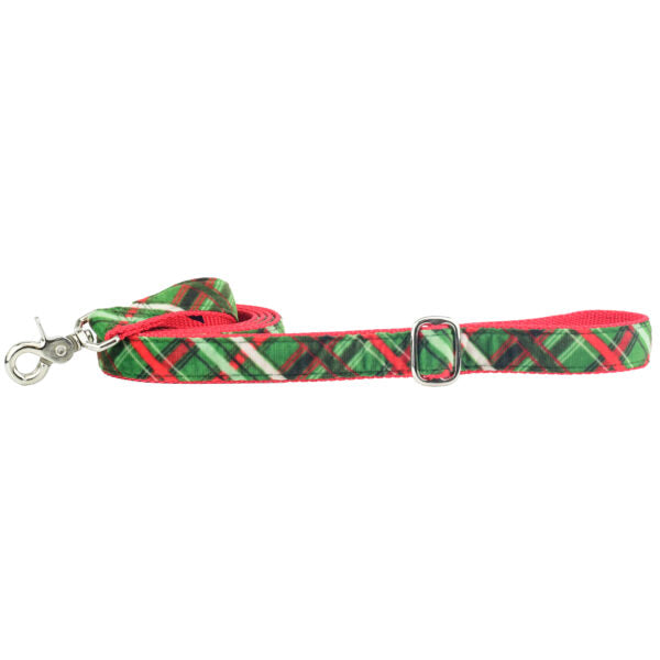 Christmas-themed red and green plaid velvet dog leash with silver hardware and adjustable buckle by Primemarket7