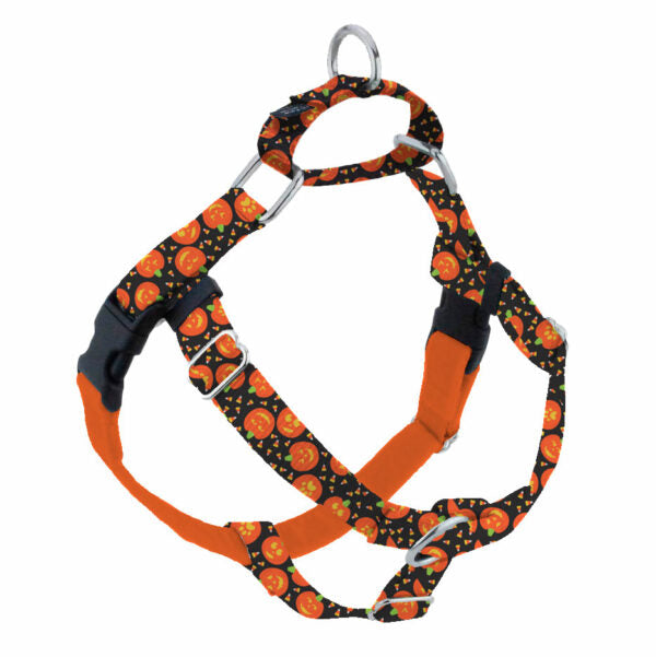 Halloween-themed smiling jack-o’-lantern print  no-pull freedom dog harness with double leash attachment points by Primemarket7