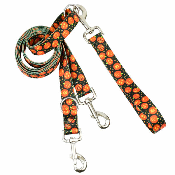 Halloween-themed euro double connection dog leash with smiling jack-o’-lantern print by Primemarket7 - Earthstyle