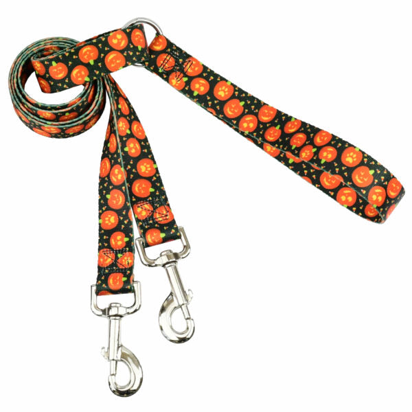 Halloween-themed double connection dog leash with smiling jack-o’-lantern print by Primemarket7 - Earthstyle