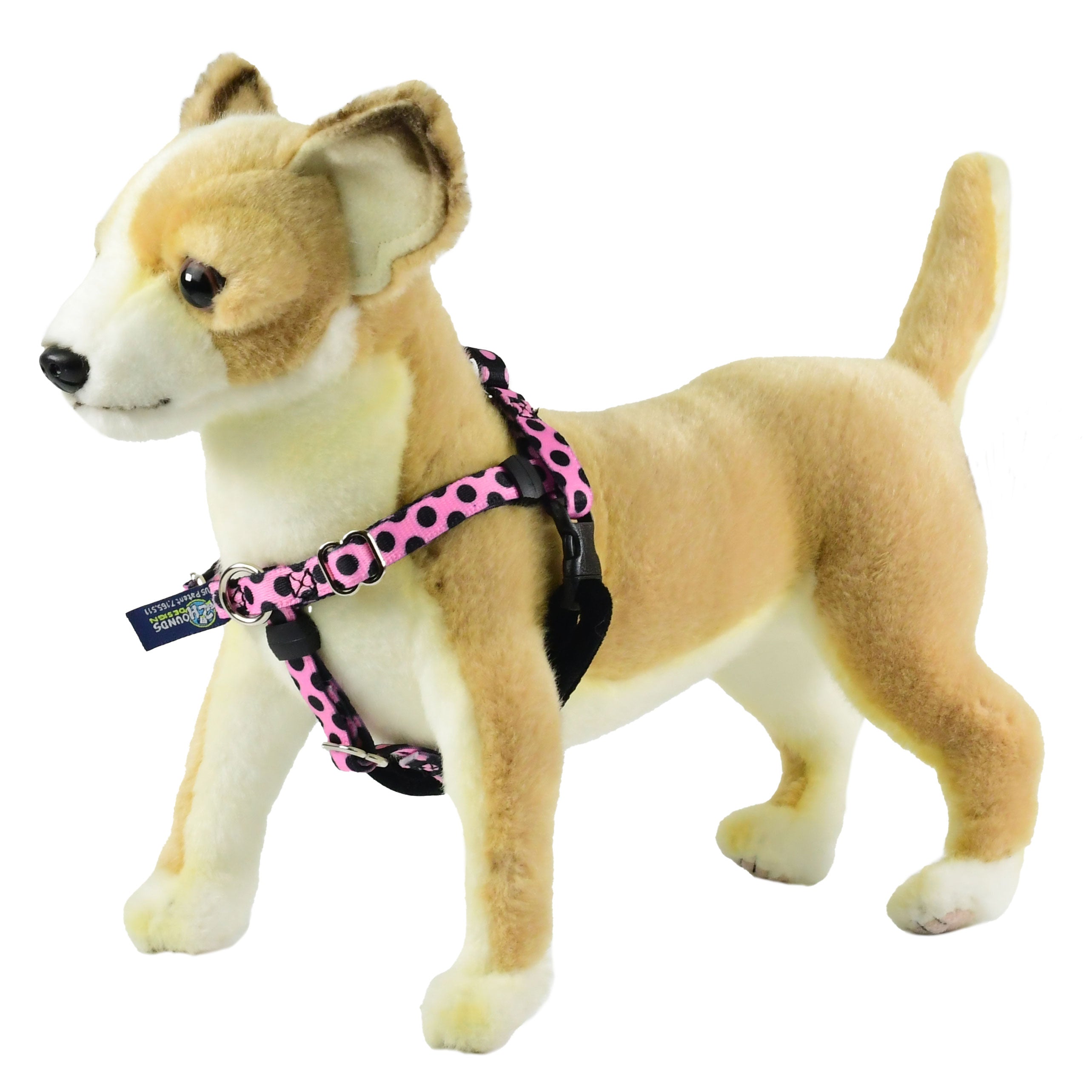 XXSmall pink and black freedom no-pull dog harness on plush dog mannequin