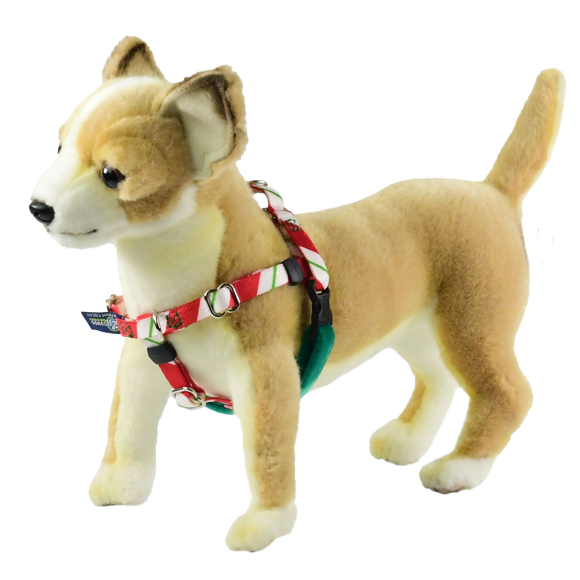 XXSmall christmas-themed peppermint freedom no-pull dog harness on plush dog mannequin
