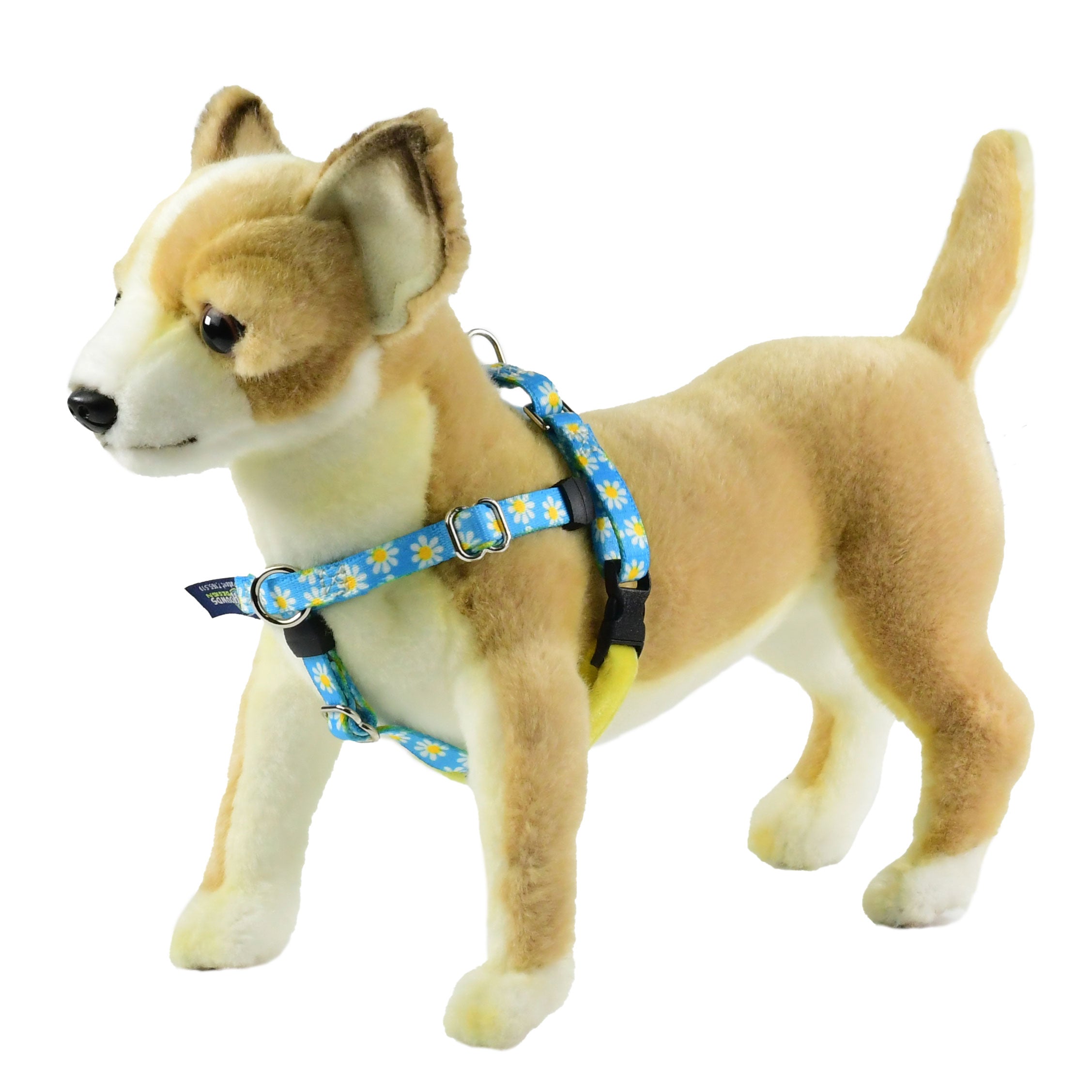 XXSmall daisies on blue freedom no-pull dog harness on plush dog mannequin
