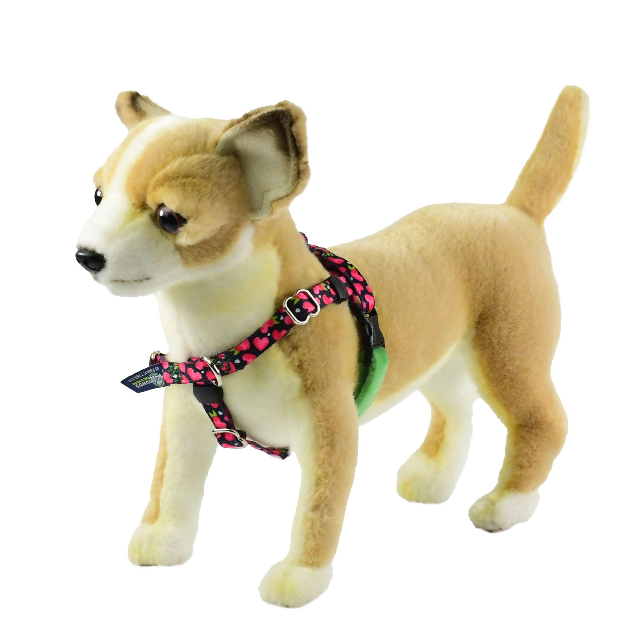 XXSmall fruity red hearts freedom no-pull dog harness on plush dog mannequin