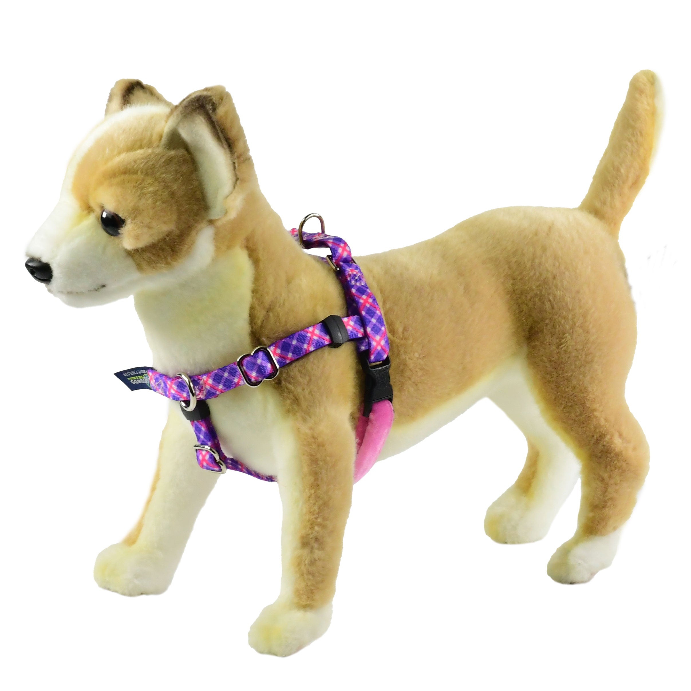 XXSmall pink and purple plaid freedom no-pull dog harness on plush dog mannequin