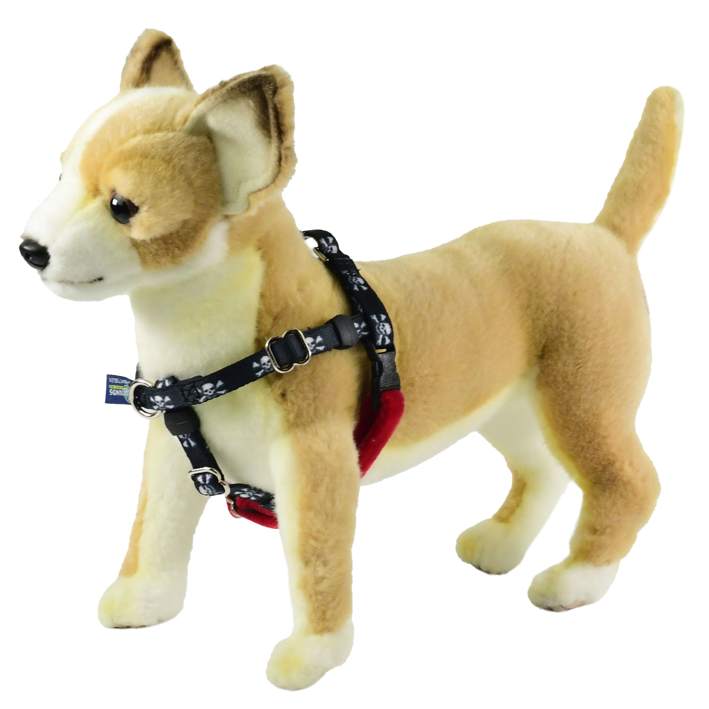 XXSmall skull and bones on black background freedom no-pull dog harness on plush dog mannequin