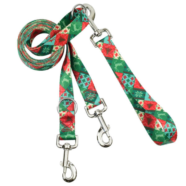 Holiday patchwork print euro double connection dog leash in red, green, and teal by Primemarket7 – festive Christmas-themed leash - Earthstyle
