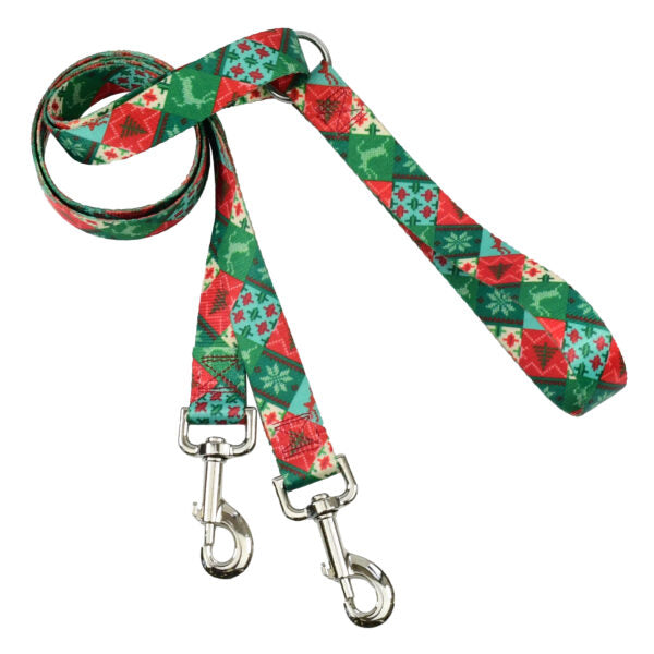 Holiday patchwork print double connection dog leash in red, green, and teal by Primemarket7 – festive Christmas-themed leash - Earthstyle