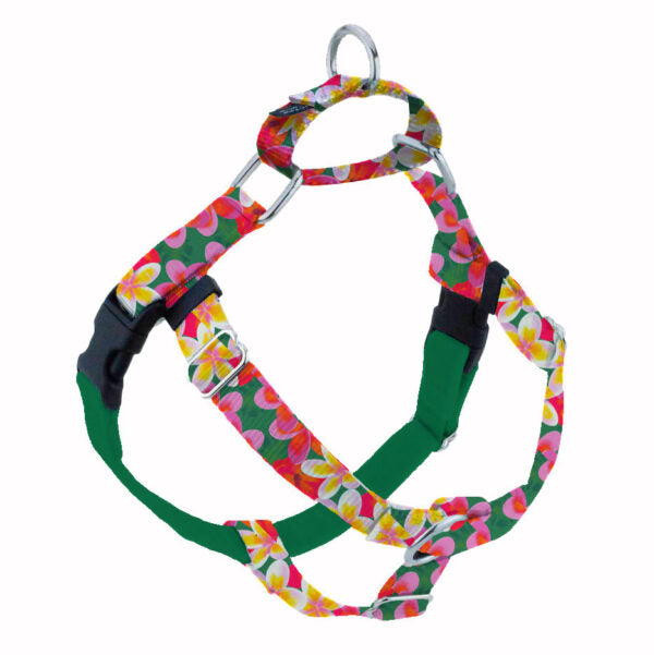 Tropical plumeria floral in pink, yellow, and green no-pull freedom dog harness with double leash attachment points by Primemarket7