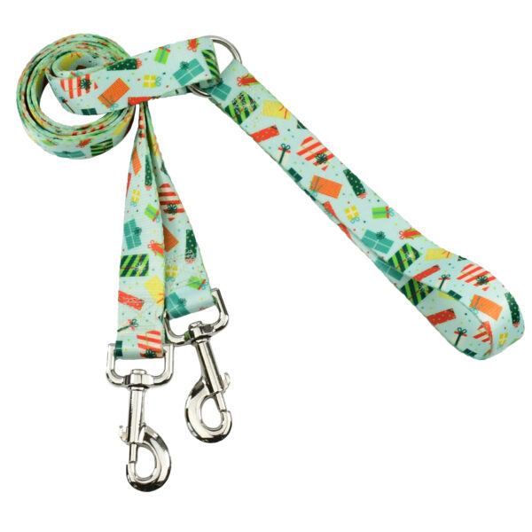 Holiday-themed double connection dog leash with colorful gift box pattern by Primemarket7 - Earthstyle