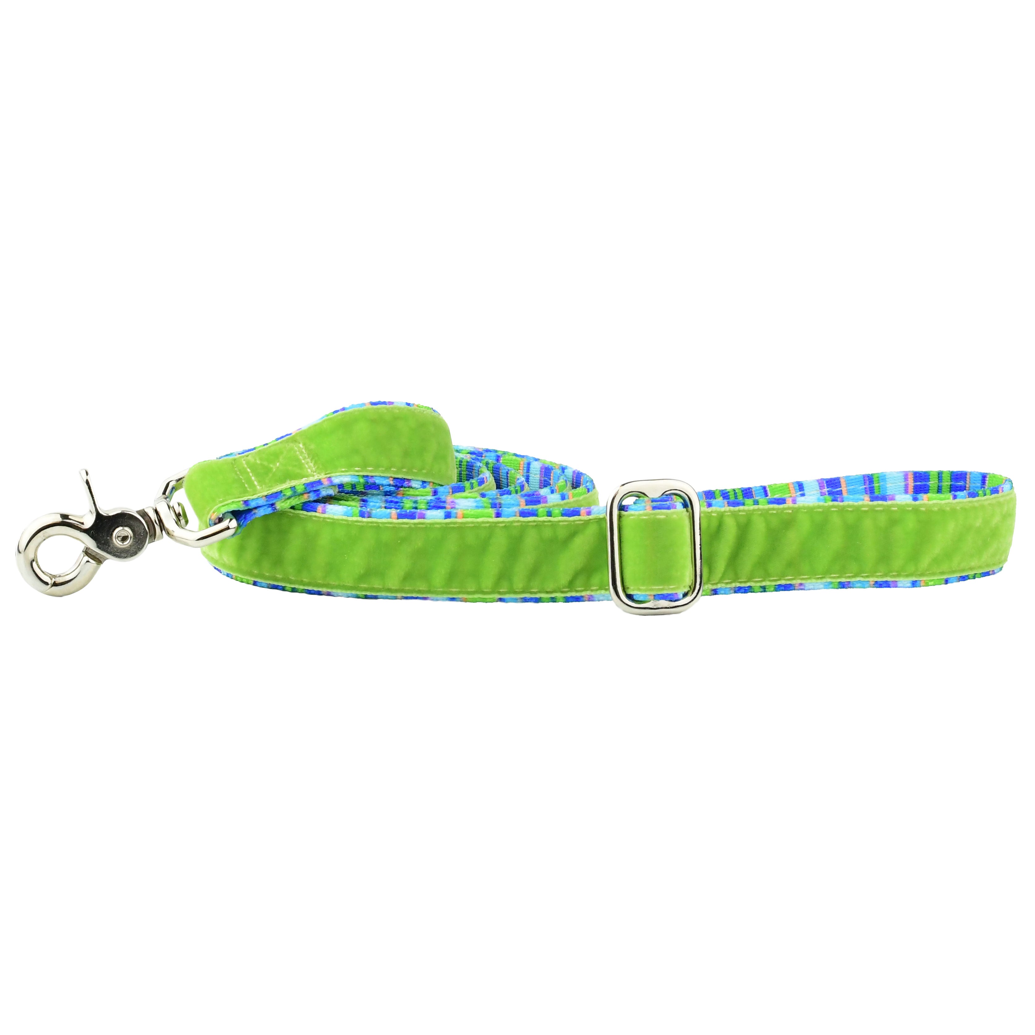 Durable full-length green striped swiss velvet dog leash and premium metal clasp