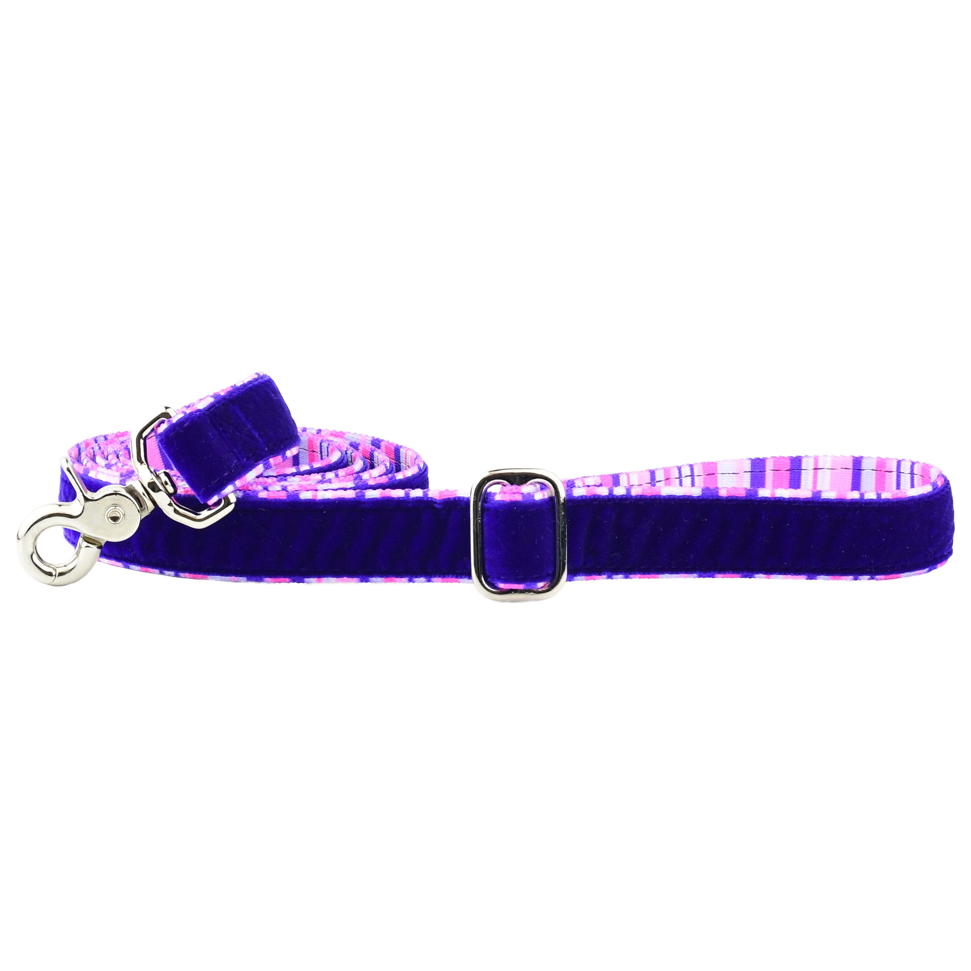 Durable full-length purple striped swiss velvet dog leash and premium metal clasp