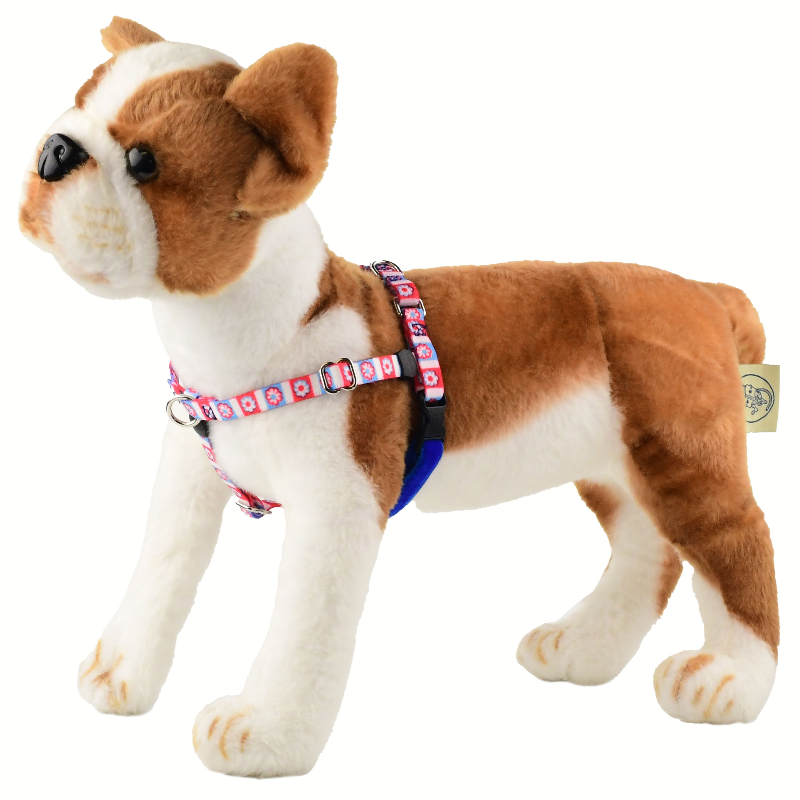 XXSmall red and blue flower-pattern freedom no-pull dog harness on plush dog mannequin