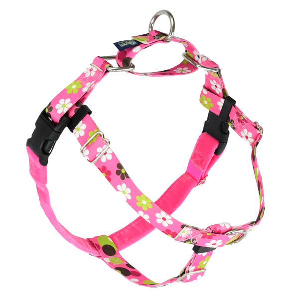 Floral dog leash with white flowers, geometric patterns on pink no-pull freedom dog harness with double leash attachment points by Primemarket7