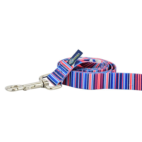 Close-up of dog leash with silver hardware featuring thin dark blue, red, and white stripes on light gray by Primemarket7 - Earthstyle