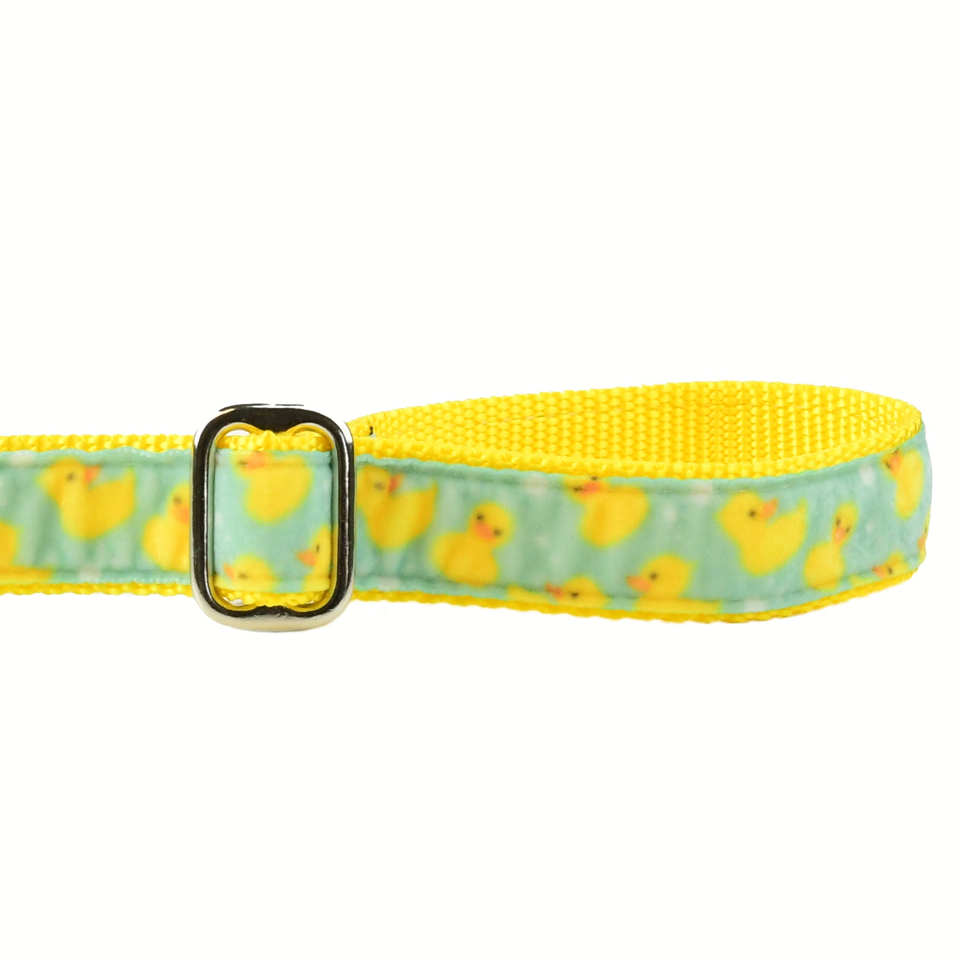 Close-up of a rubber duck print dog leash handle with adjustable handle by Primemarket7 