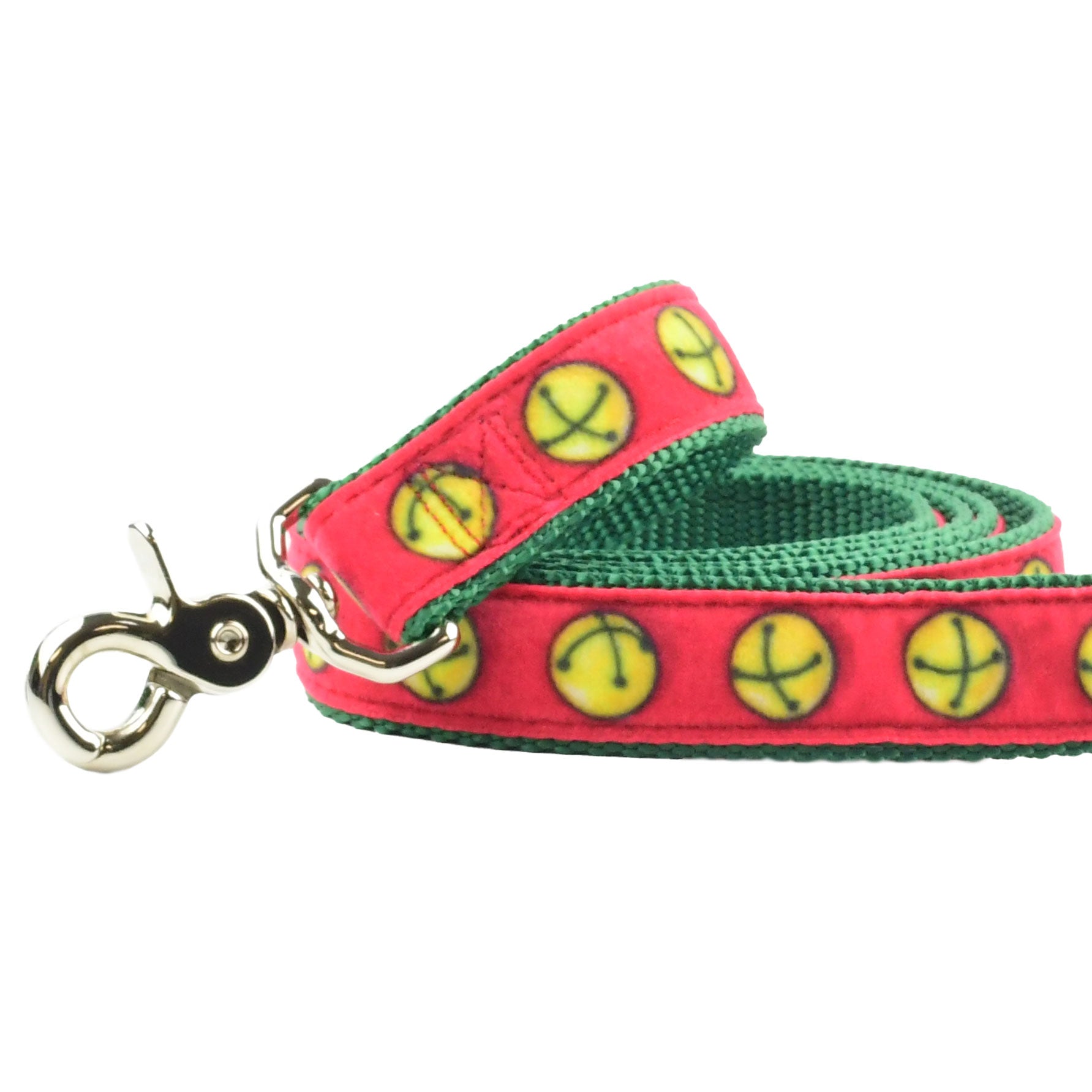 Close-up of Jingle Bells holiday dog leash with red and green festive pattern and silver clasp