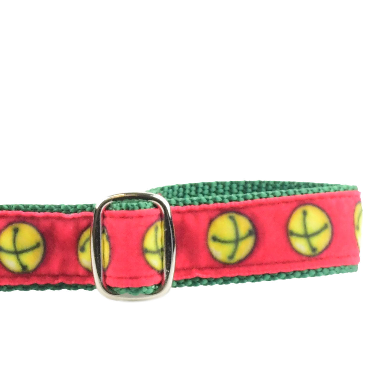 Close-up of Jingle Bells dog leash with red and green Christmas pattern and adjustable handle