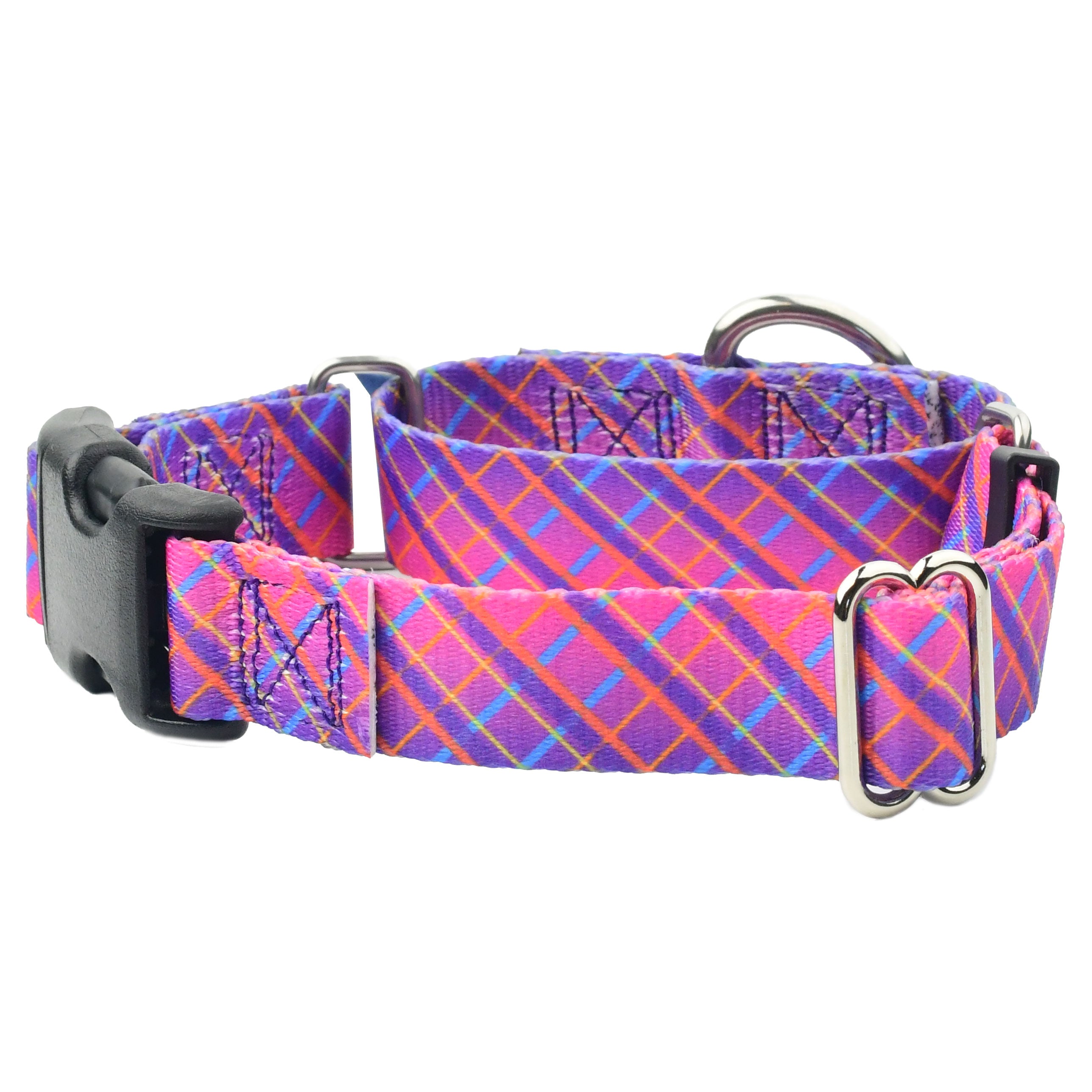 Neon Sunrise Pink Plaid Buckle Martingale Dog Collar – EarthStyle