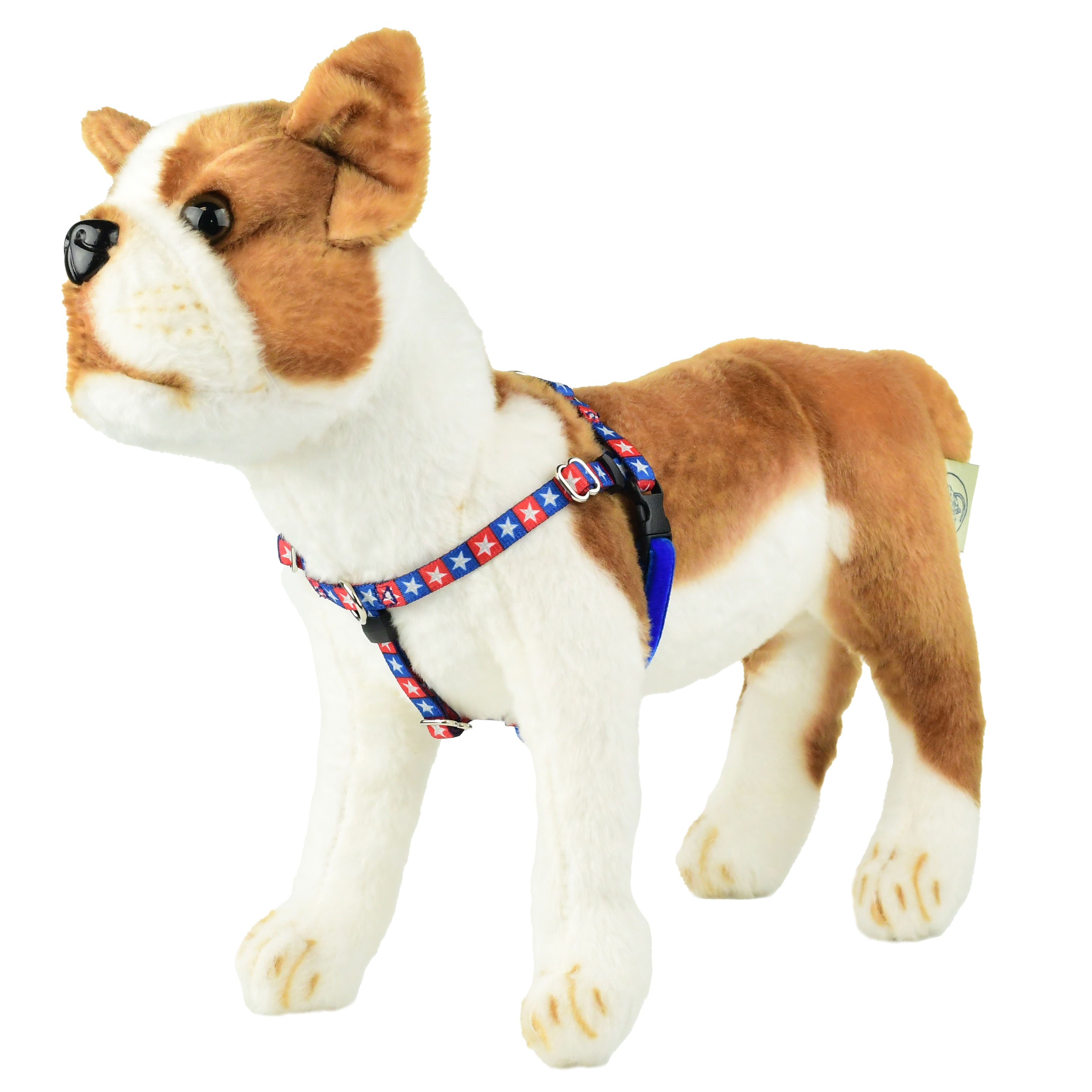 XXSmall patriotic stars pattern freedom no-pull dog harness on plush dog mannequin