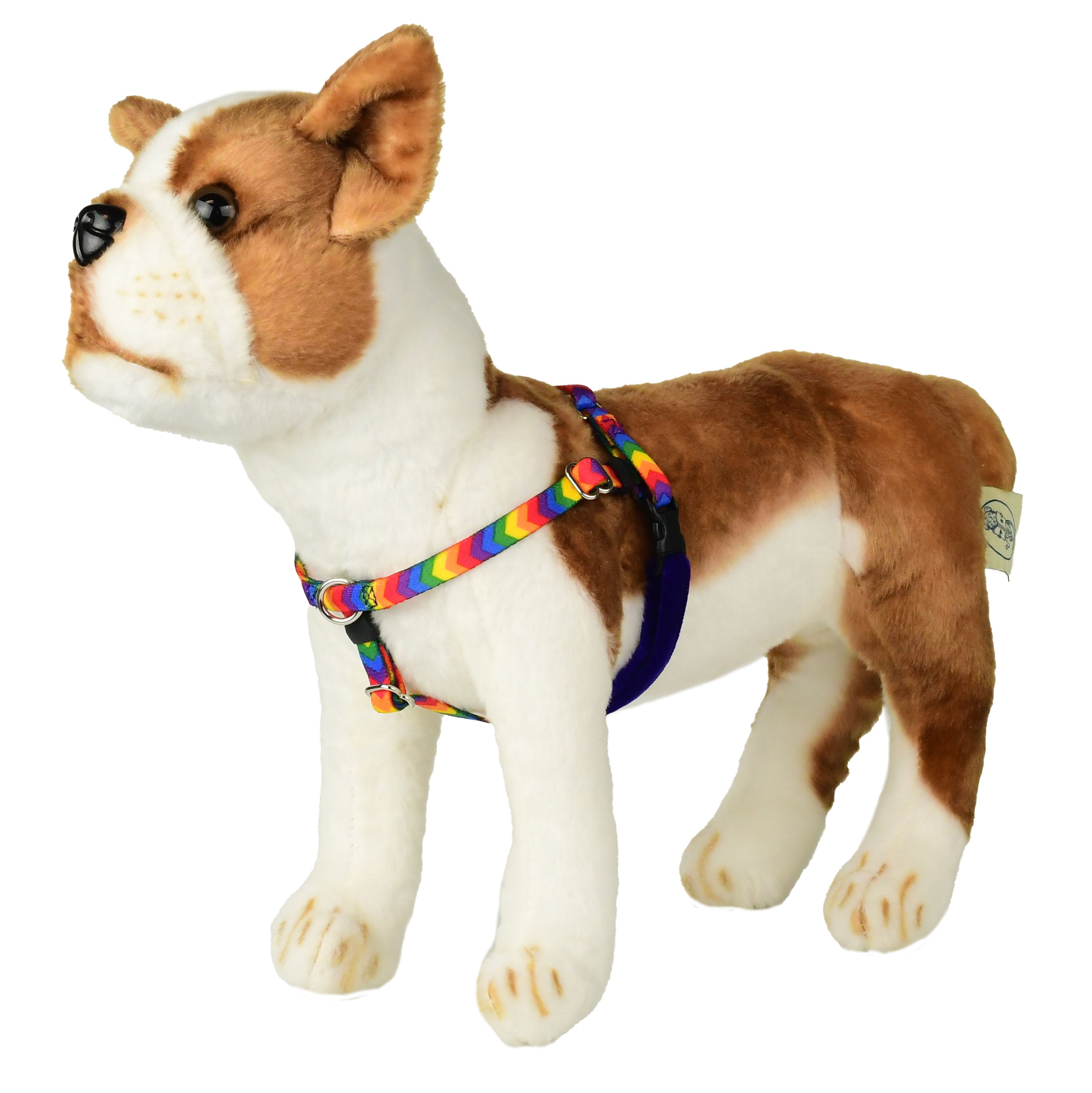 XXSmall rainbow chevron background freedom no-pull dog harness on plush dog mannequin
