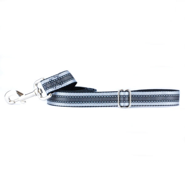 Reflective silver and black dog leash with adjustable strap and metal clip, by Primemarket7