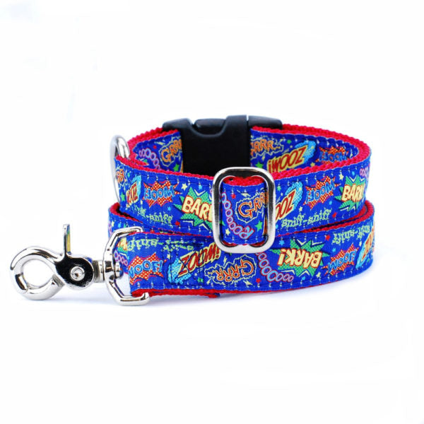 Matching comic book style dog leash and collar with red webbing and blue ribbon featuring 'Bark!' and 'Zoom!' text by Primemarket7