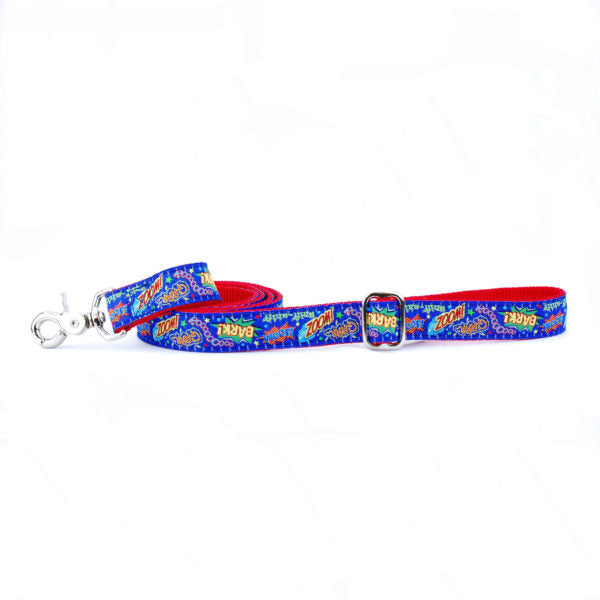 Comic book style dog leash with red webbing and blue ribbon featuring 'Bark!' and 'Zoom!' text by Primemarket7