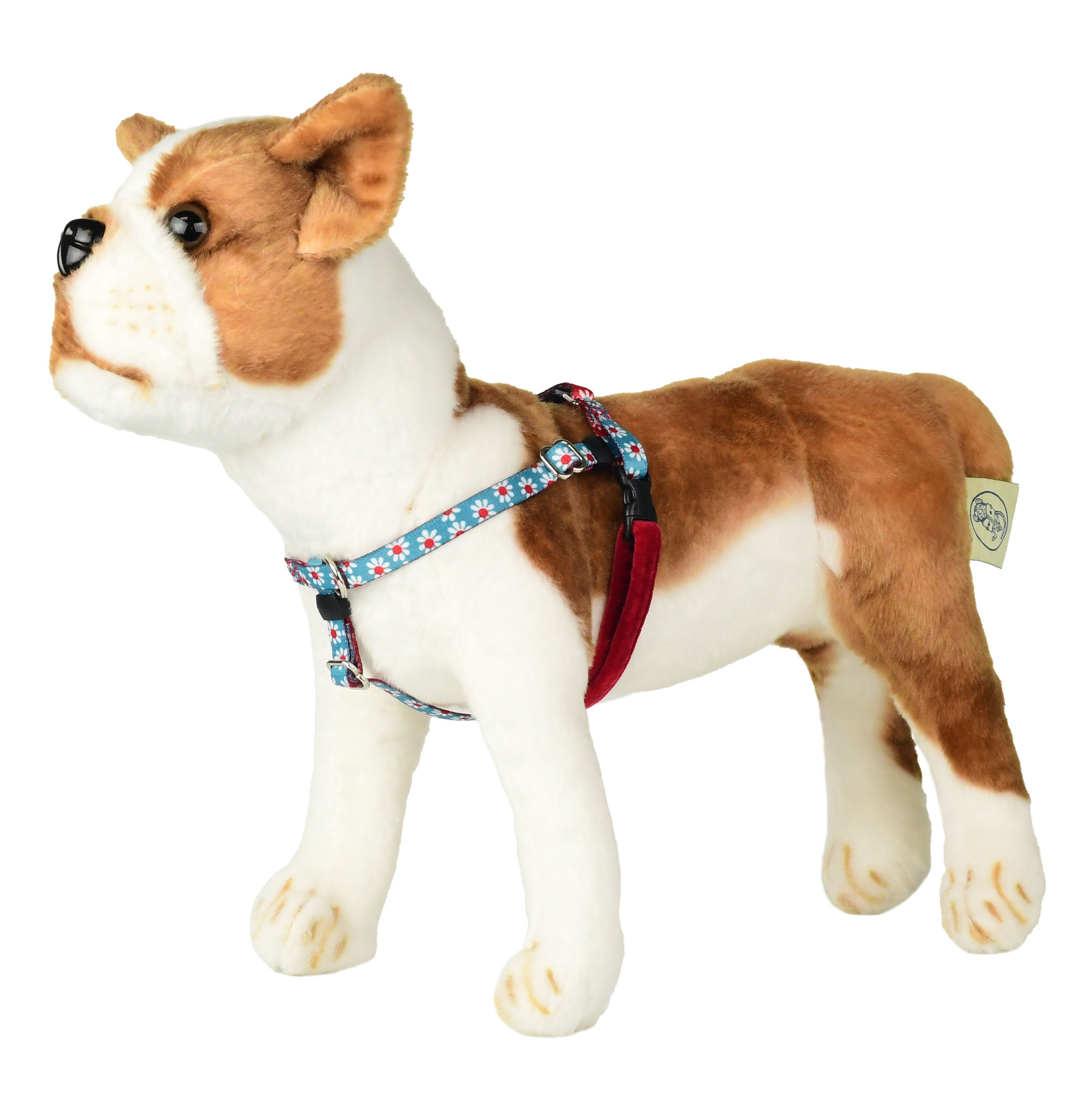 XXSmall white red daisy flowers on teal background freedom no-pull dog harness on plush dog mannequin