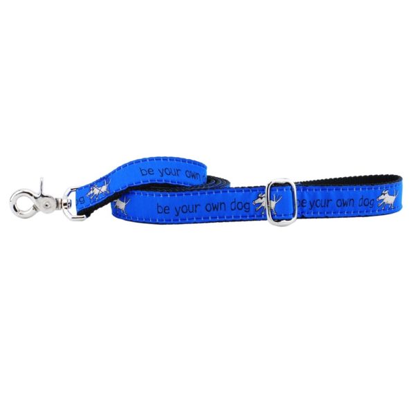 Blue 'be your own dog' motivational dog leash by Primemarket7 with silver hardware