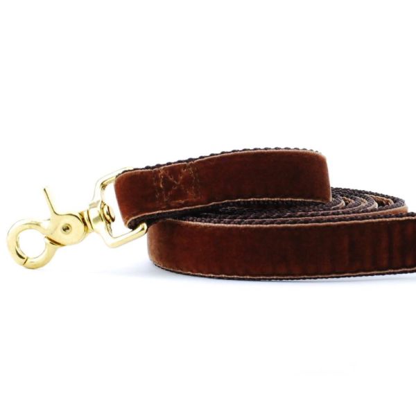 Close-up of  brown velvet dog leash with gold hardware by Primemarket7