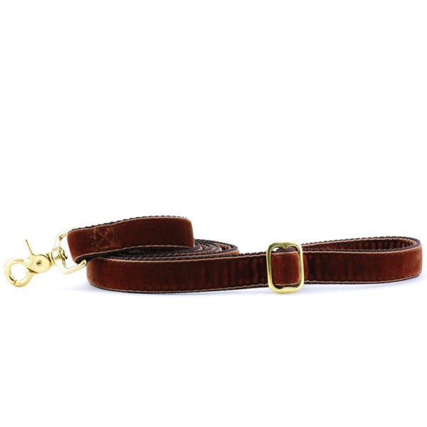 Luxurious brown velvet dog leash with gold hardware and adjustable buckle, by Primemarket7