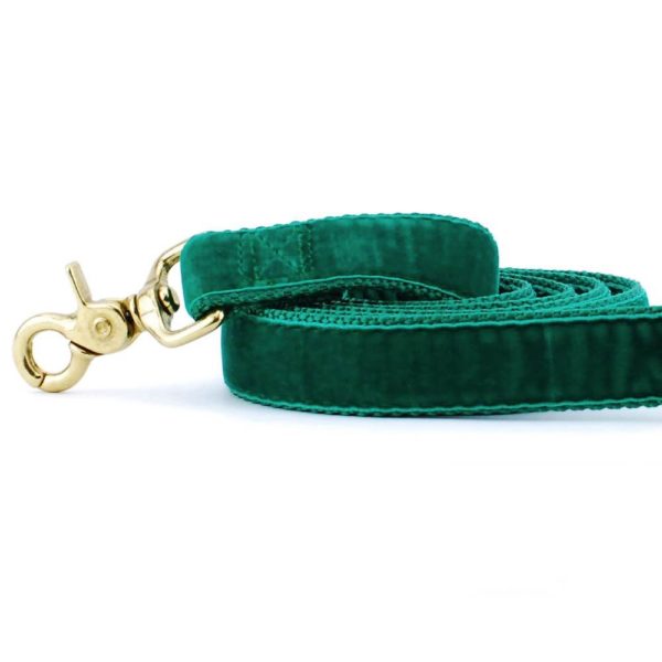 Close-up of  emerald (kelly green) velvet dog leash with gold hardware by Primemarket7