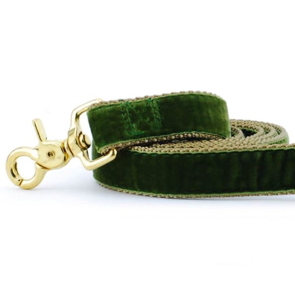 Close-up of  moss green velvet dog leash with gold hardware by Primemarket7