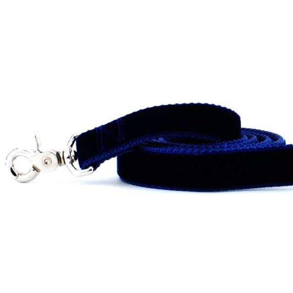 Close-up of  navy blue velvet dog leash with silver hardware by Primemarket7
