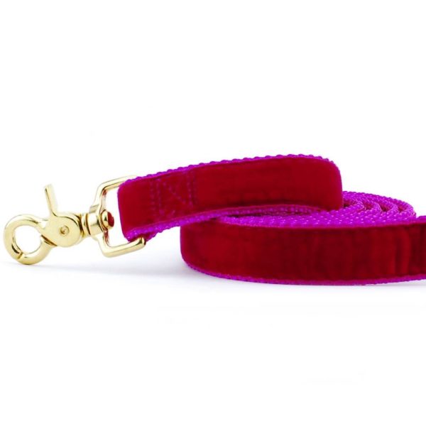 Close-up of raspberry velvet dog leash with gold hardware by Primemarket7