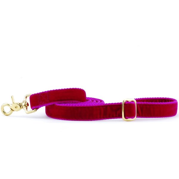 Luxurious raspberyy velvet dog leash with pink trim and gold hardware, by Primemarket7